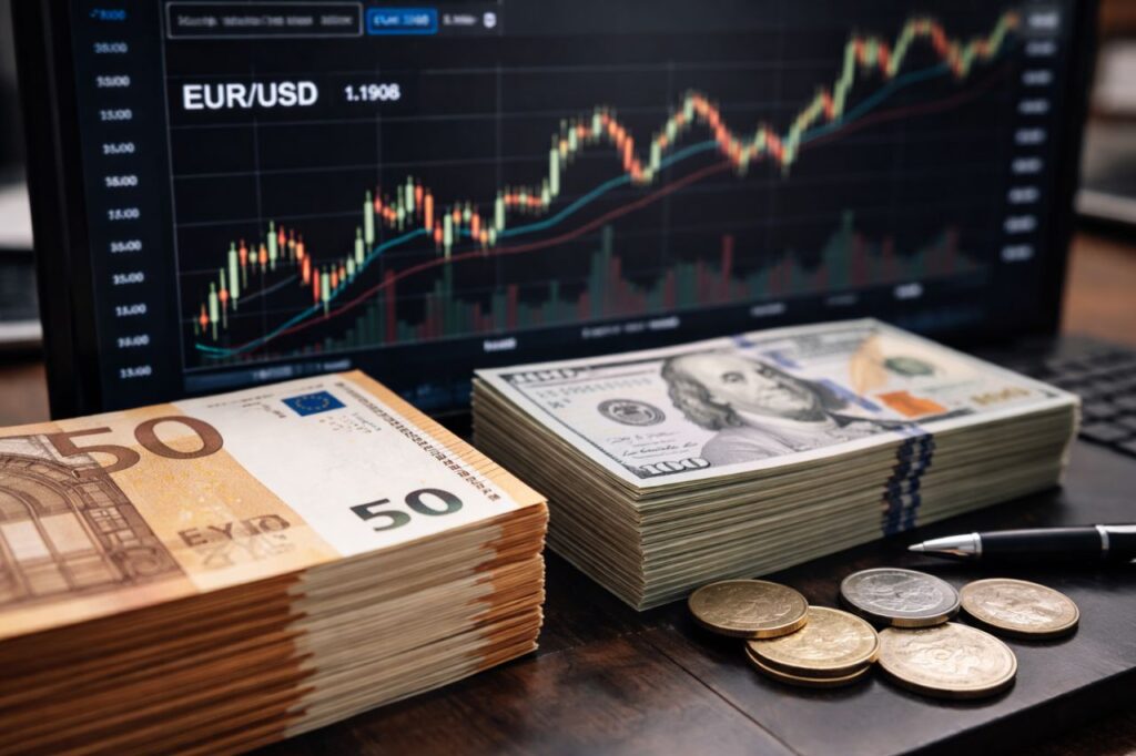 Banconote in euro e banconote in dollari con un grafico finanziario sullo sfondo