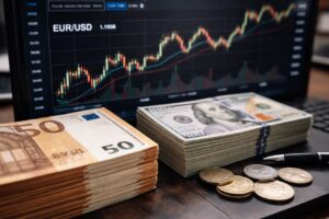 Banconote in euro e banconote in dollari con un grafico finanziario sullo sfondo