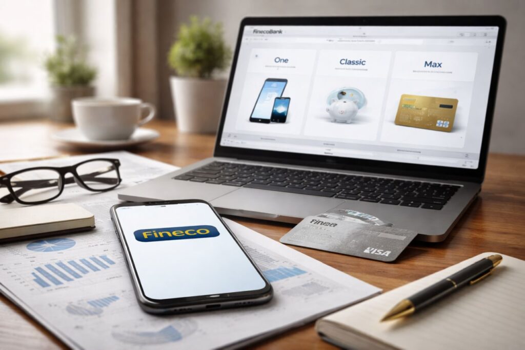 Un pc e un dispositivo mobile con il logo di Fineco