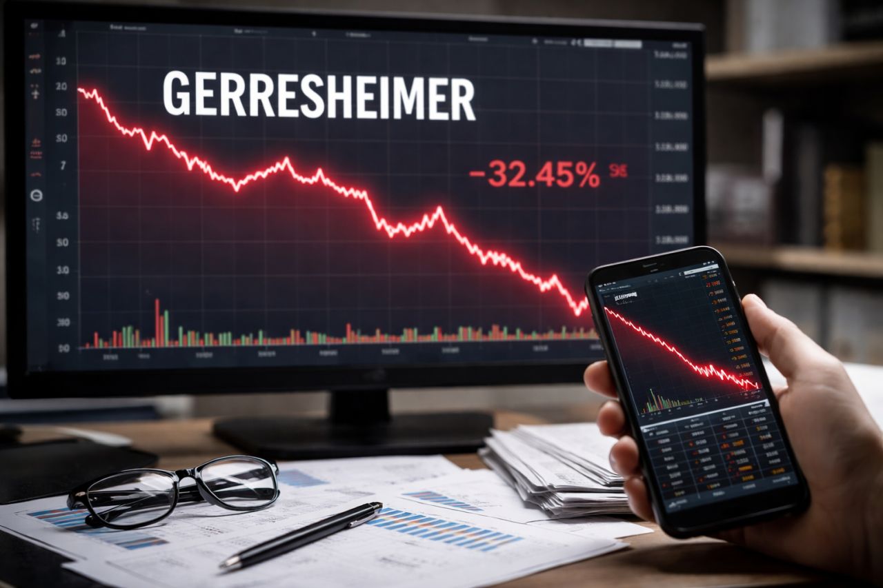 Uno schermo con un grafico finanziario in discesa e la scritta Gerresheimer