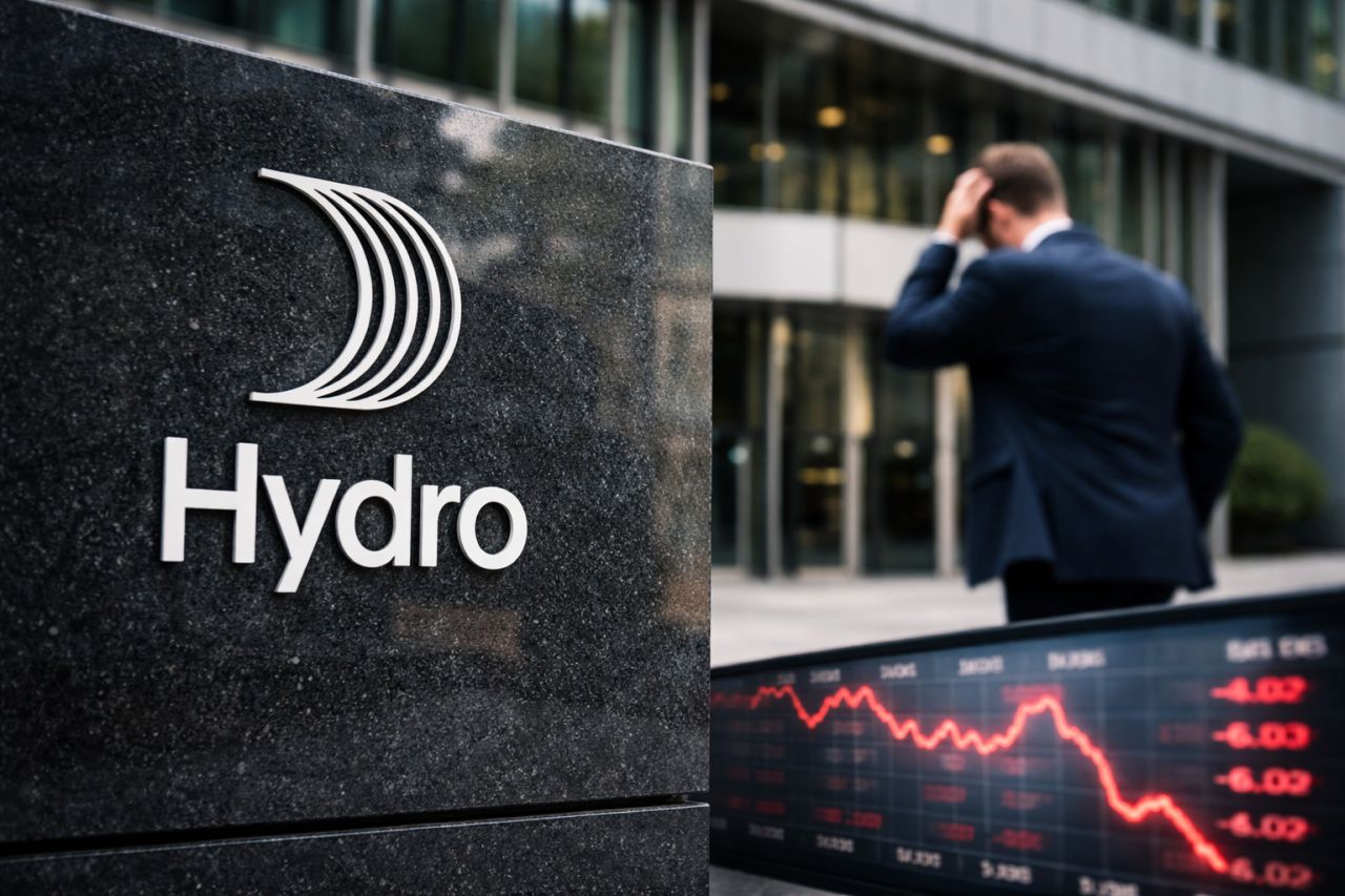 Un totem pubblicitario con il logo di Hydro. Sullo sfondo un grafico finanziario in discesa e un trader di spalle