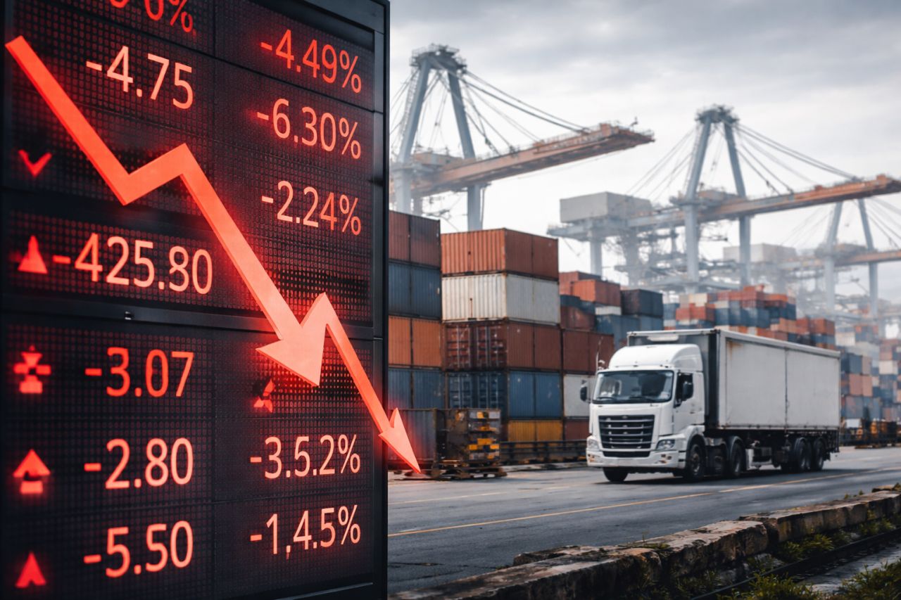 In primo piano un pannello con l'andamento di titoli di Borsa e una freccia rossa verso il basso. Sullo sfondo dei container e un camion