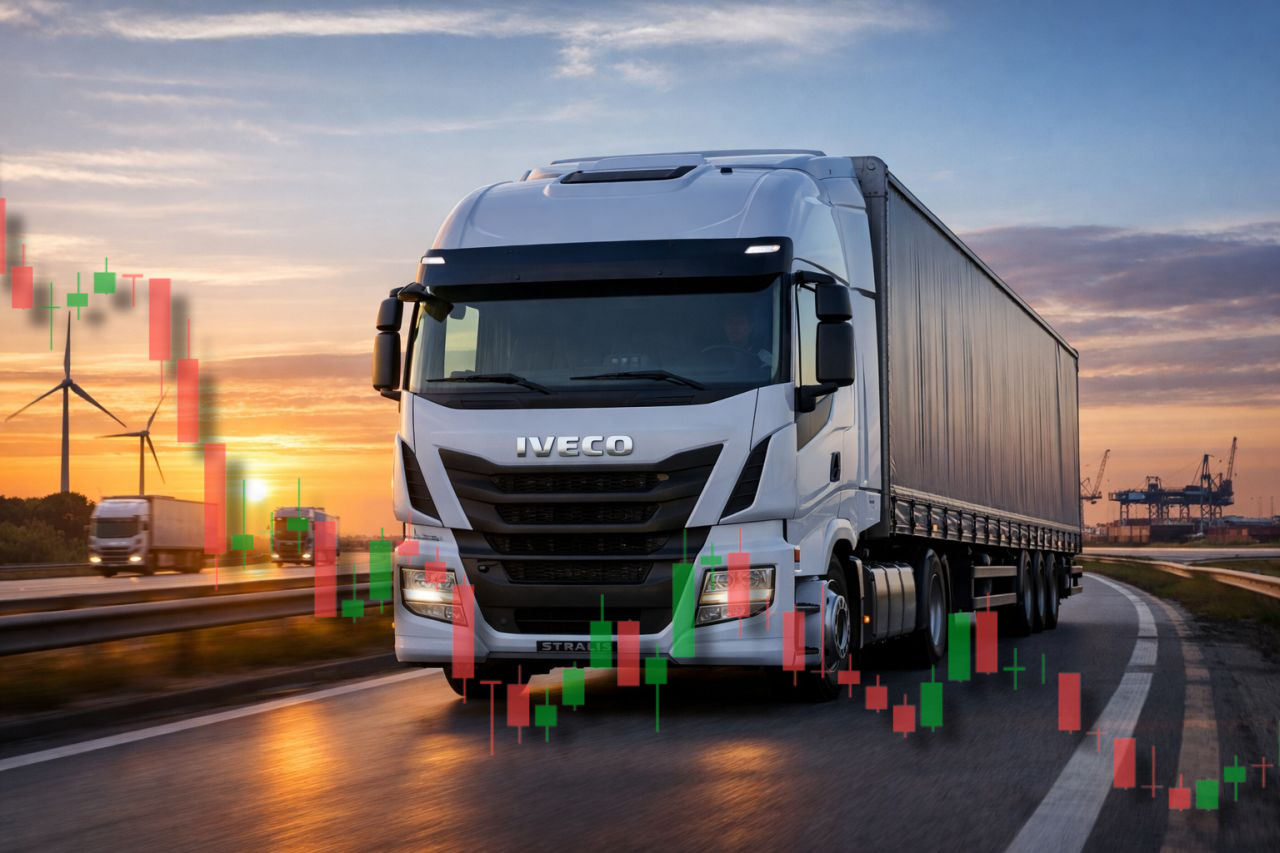 Un camion con il logo Iveco. In sovrimpressione un grafico a candele