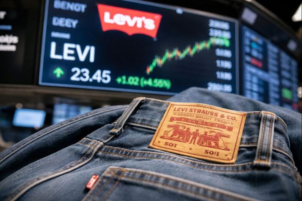 Dettaglio di un paio di jeans del brand Levi Strauss e un grafico finanziario sullo sfondo