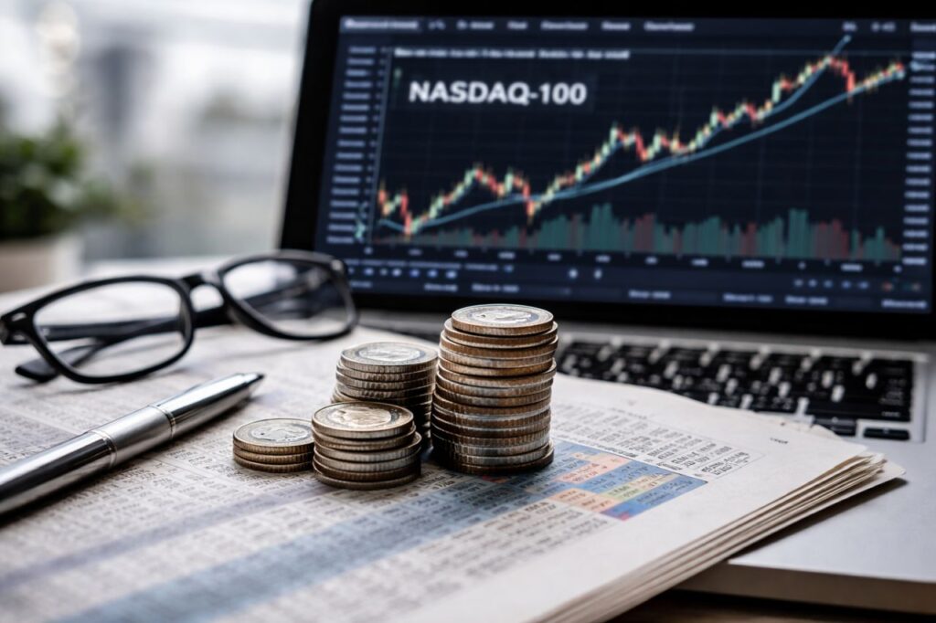 Lo schermo di un pc con un grafico a candele e la scritta Nasdaq 100