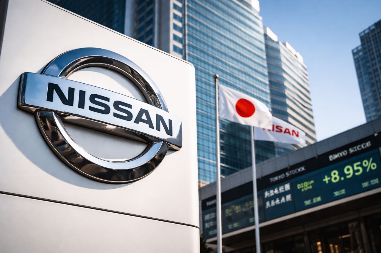 Logo Nissan in primo piano su un totem pubblicitario. Sullo sfondo dei grattacieli e la bandiera del Giappone