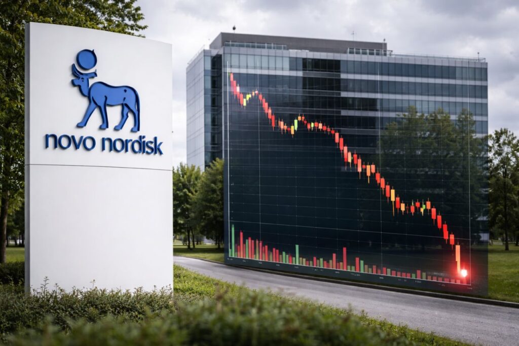 Totem pubblicitario con logo Novo Nordisk e un grafico finanziario sullo sfondo in trasparenza con un edificio dietro di esso