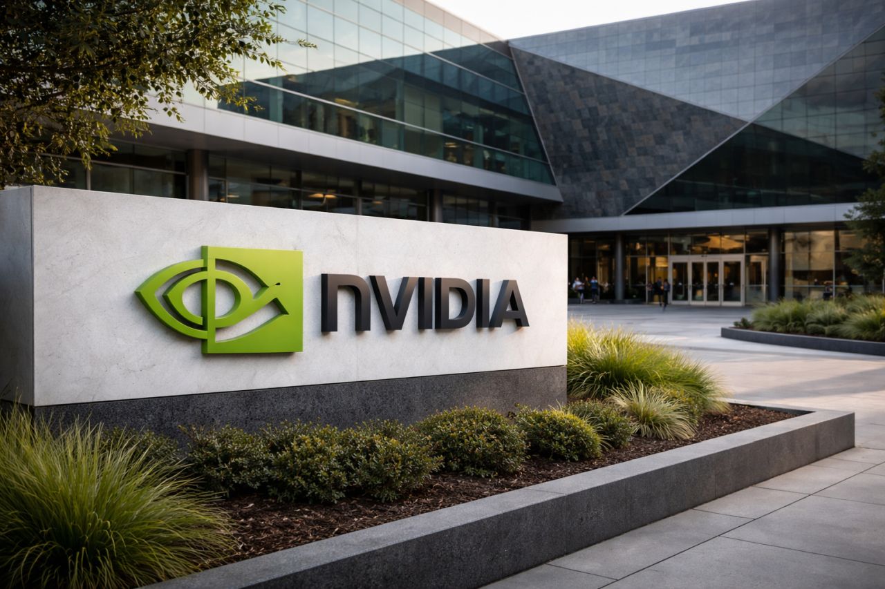 Logo Nvidia davanti a una delle sedi della società
