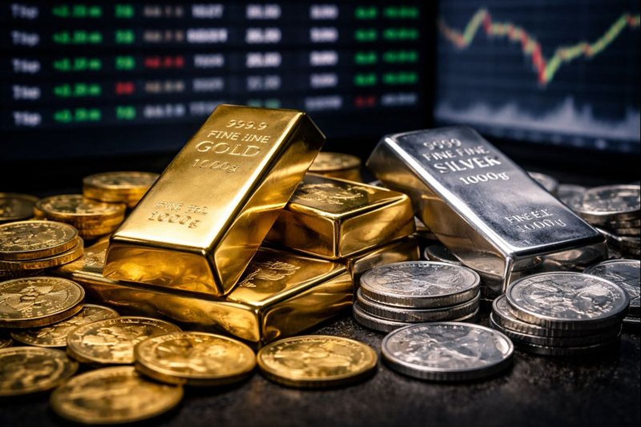 Lingotti d'oro e di argento con dei grafici e delle cifre sull'andamento dei titoli di Borsa sullo sfondo