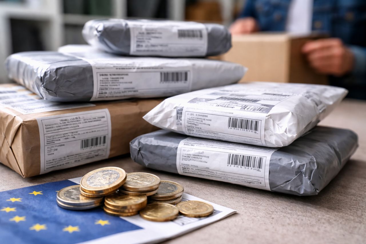 Alcuni pacchi e delle monete su un piano