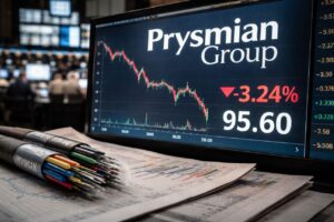 Uno schermo con la scritta Prysmian Group e un grafico finanziario in discesa