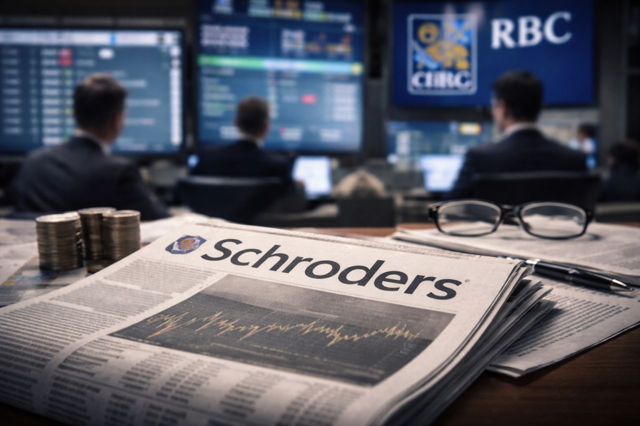 Un giornale con la scritta Schroders in grande. Sullo sfondo dei trader che osservano schermi con grafici finanziari