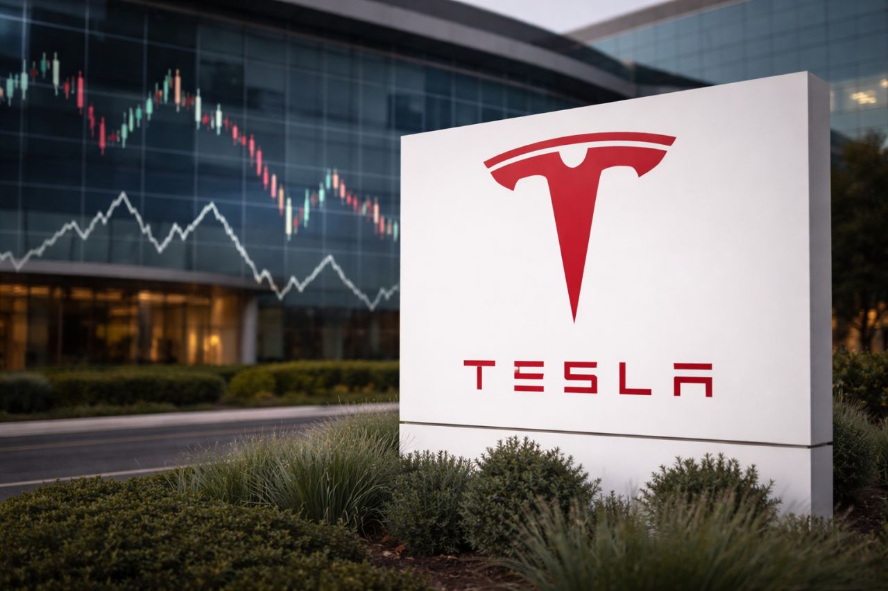 Un totem pubblicitario con il logo Tesla e un grafico finanziario sullo sfondo