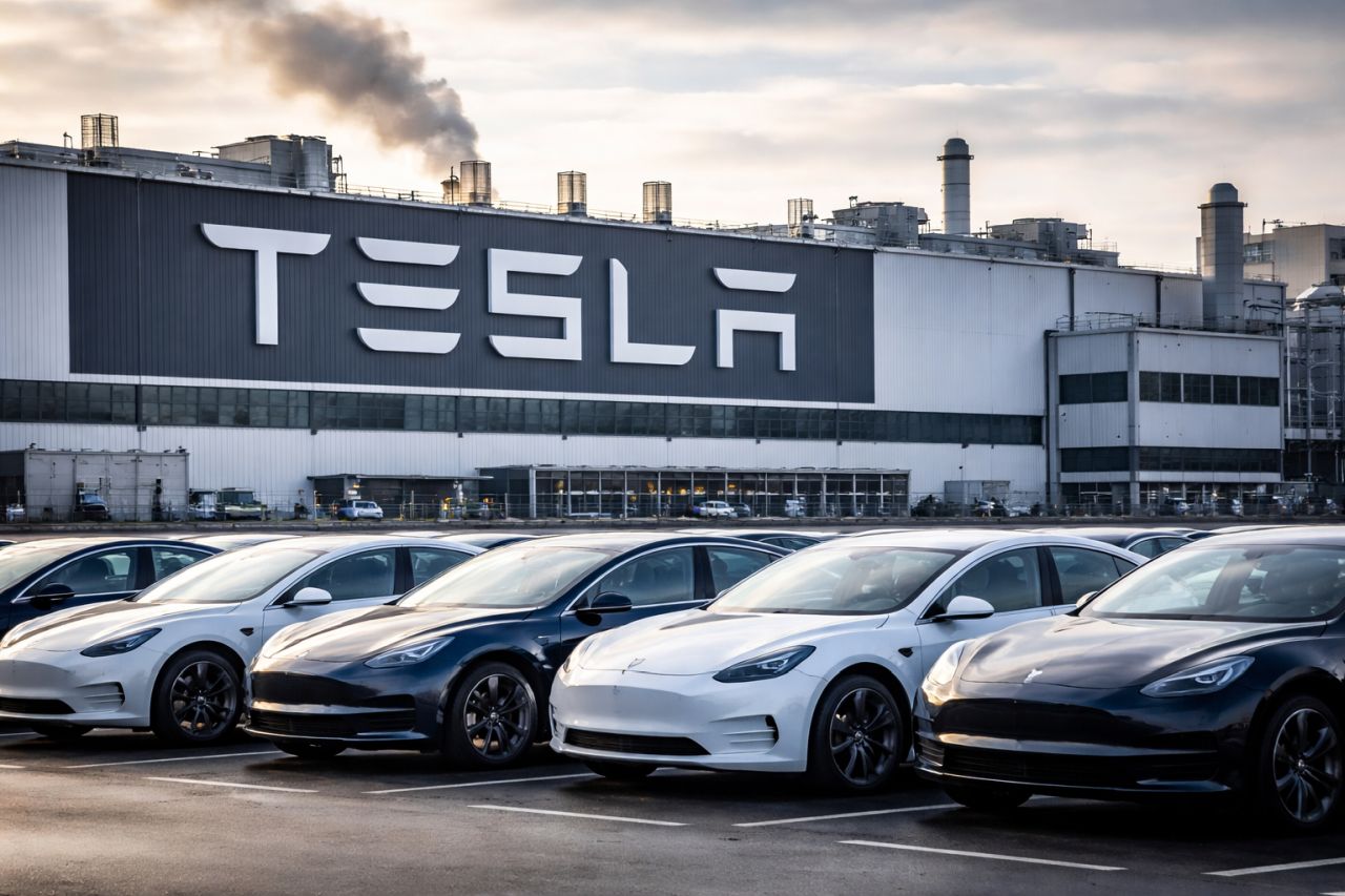 Alcune auto parcheggiate davanti a un concessionario Tesla