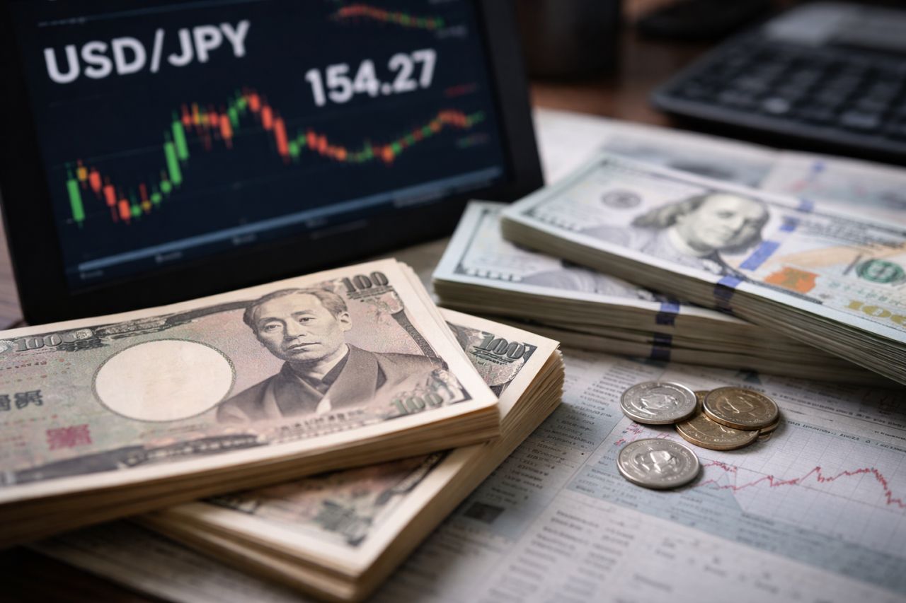 Uno schermo con un grafico finanziario e delle valute su un piano