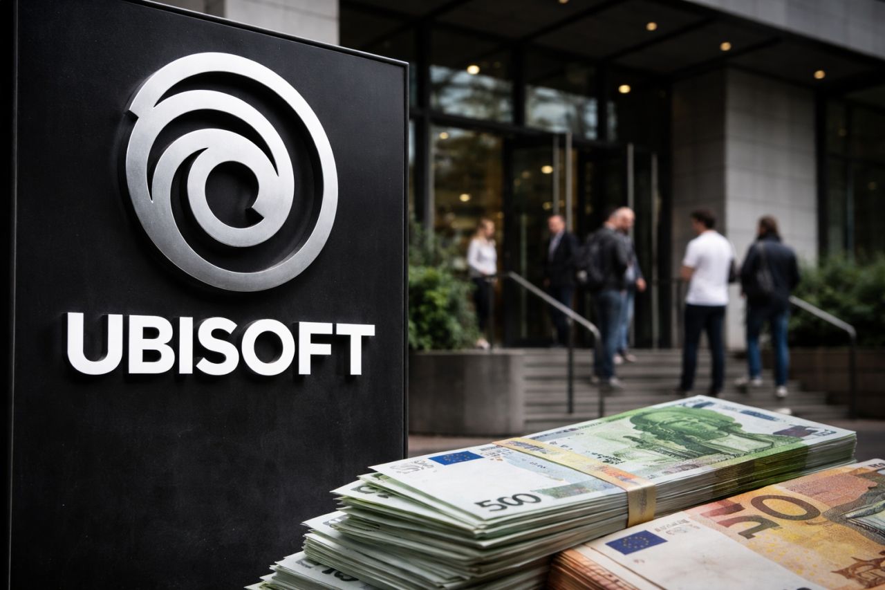 Logo Ubisoft in primo piano con delle banconote in euro