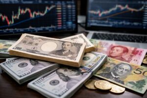 Banconote di yen giapponese, dollari statunitensi, yuan cinesi e dollari australiani disposte su una scrivania, con monitor sullo sfondo che mostrano grafici dei tassi di cambio valutari