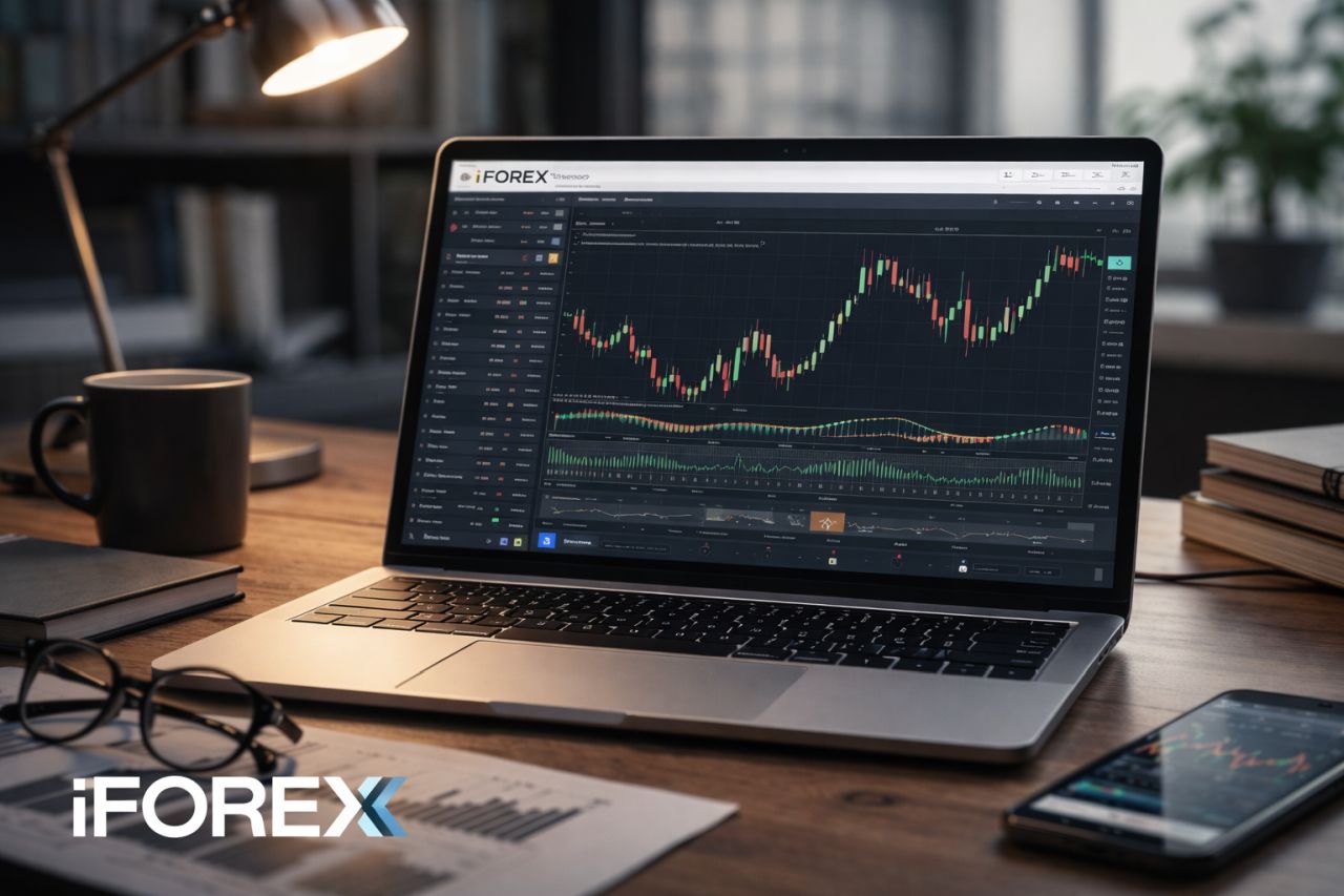 Grafici finanziari sullo schermo di un pc portatile. In basso a sinistra il logo di iForex in sovrimpressione