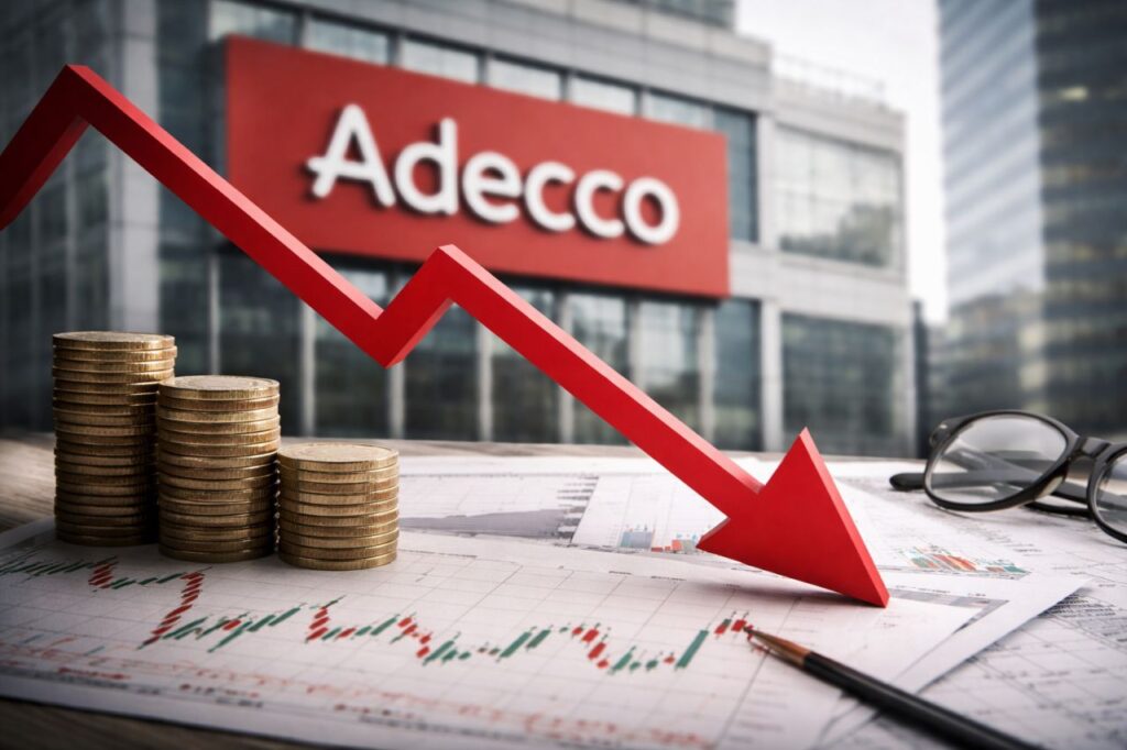 Freccia rossa in forte calo su grafici finanziari con pile di monete in primo piano e sede Adecco sfocata sullo sfondo