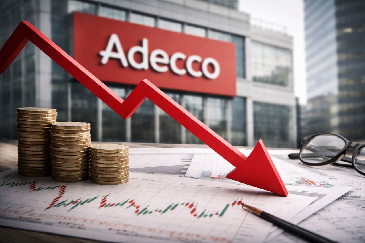 Freccia rossa in forte calo su grafici finanziari con pile di monete in primo piano e sede Adecco sfocata sullo sfondo