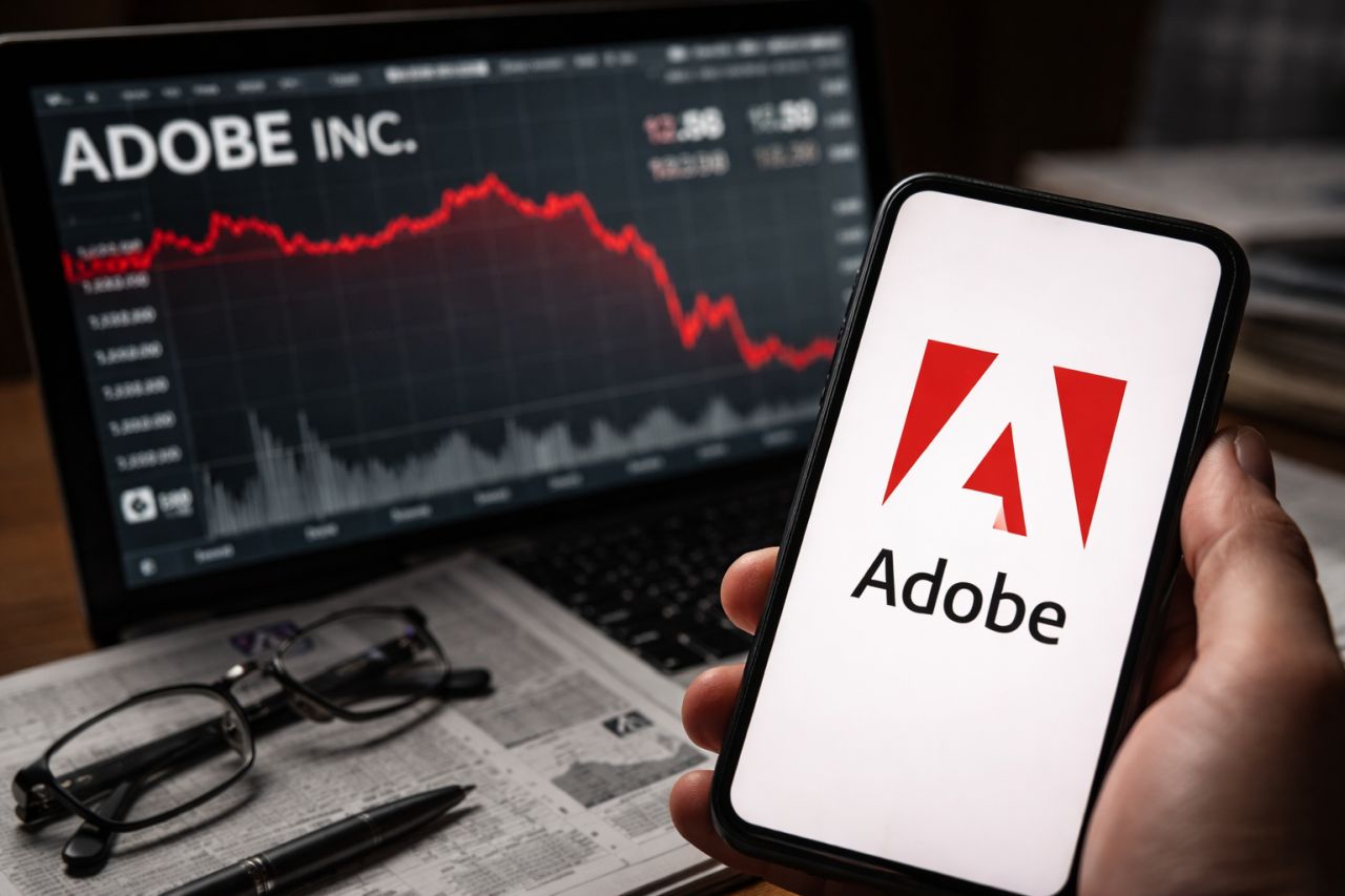 Smartphone con logo Adobe in primo piano, mentre sullo sfondo un laptop mostra il grafico del titolo in forte calo su una scrivania con giornale finanziario e occhiali