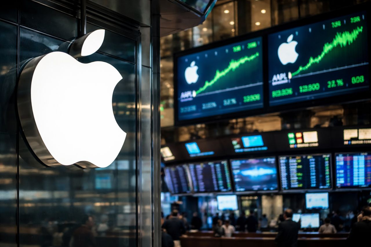 ingresso in vetro di un Apple Store in un contesto urbano statunitense. Schermi con grafici finanziari e logo Apple in primo piano