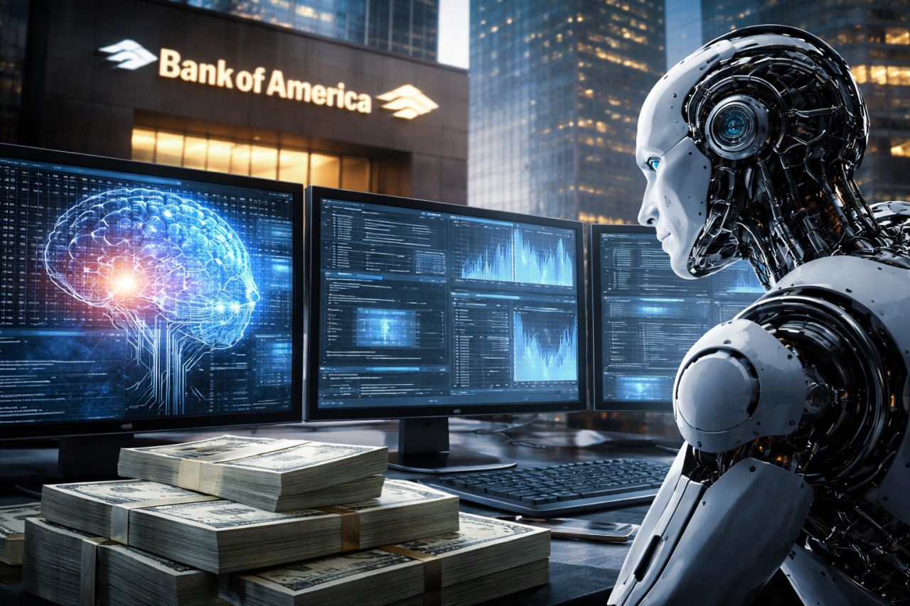Un robot umanoide analizza dati su più monitor in un ufficio finanziario moderno, con pile di dollari sulla scrivania e grattacieli sullo sfondo