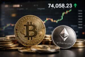 Primo piano di monete fisiche di Bitcoin ed Ethereum su un tavolo, con grafico di prezzo in salita su uno schermo sfocato sullo sfondo