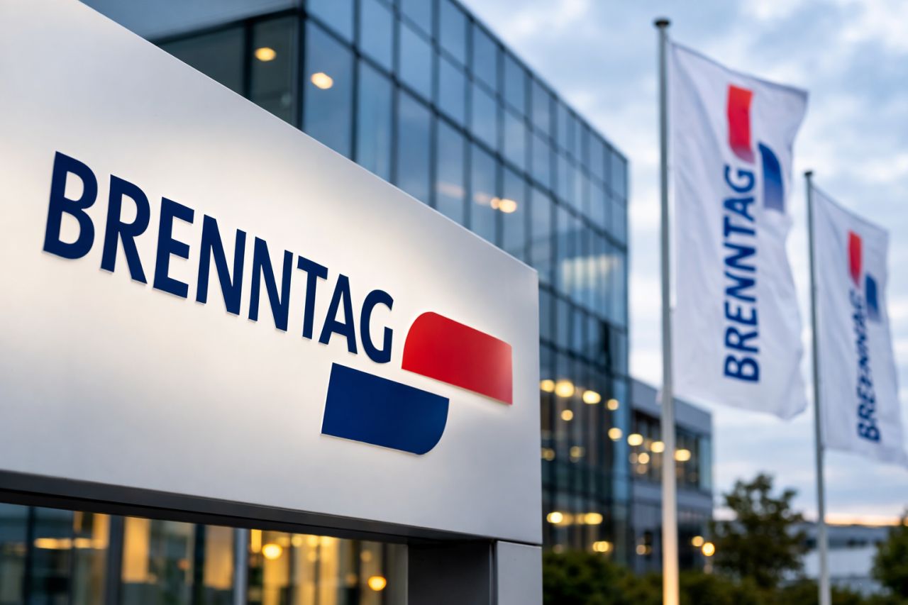 Facciata di un moderno edificio aziendale in vetro, con insegna Brenntag sfocata in primo piano
