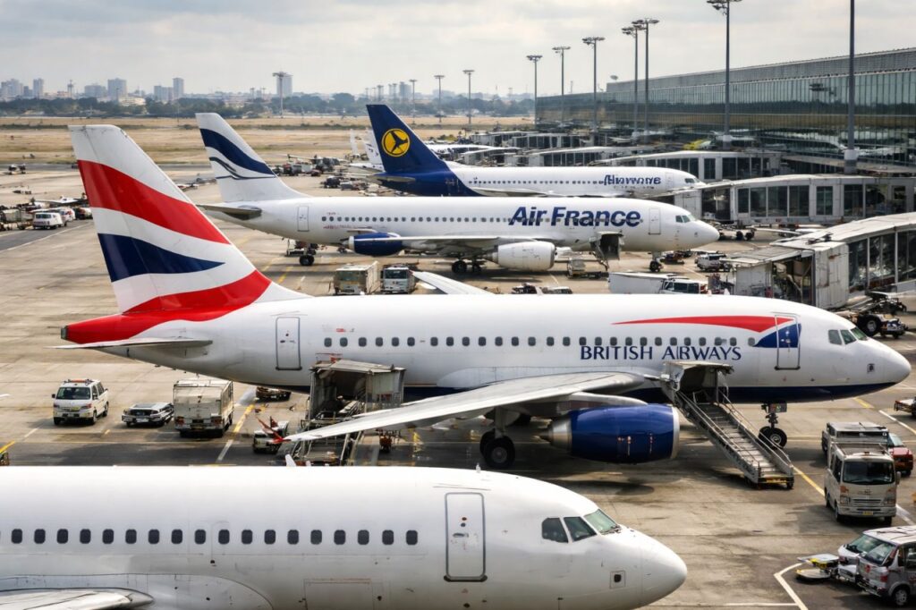 Aerei di compagnie europee parcheggiati al terminal di un grande aeroporto, con mezzi di servizio e attivit&agrave; sulla pista