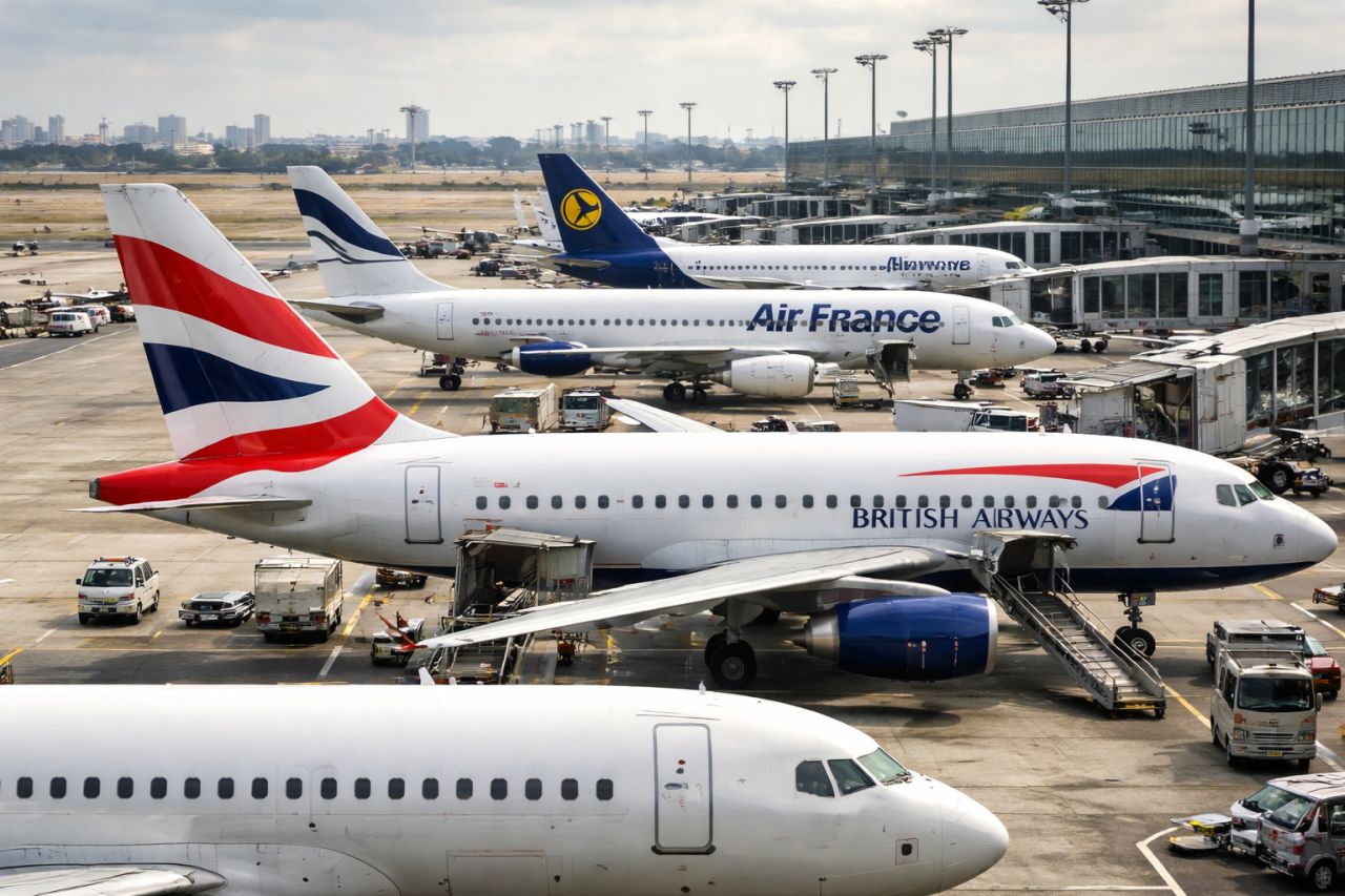 Aerei di compagnie europee parcheggiati al terminal di un grande aeroporto, con mezzi di servizio e attività sulla pista