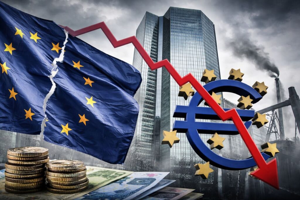 Bandiera dell&rsquo;UE davanti alla sede della BCE con simbolo dell&rsquo;euro, grafico in calo e sfondo industriale fumoso che richiama una crisi economica