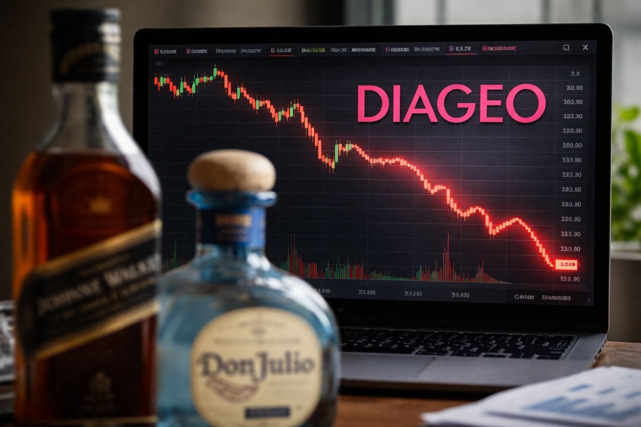 Un laptop mostra un grafico azionario in forte discesa, mentre in primo piano si vedono alcune bottiglie di alcolici su una scrivania
