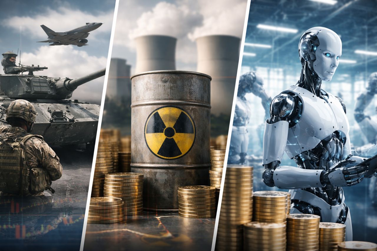 Tre scene affiancate: un carro armato con un caccia militare in volo, un barile di uranio davanti a una centrale nucleare e un robot umanoide in una fabbrica automatizzata.