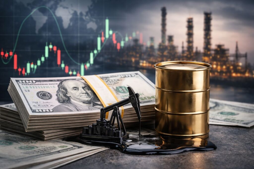 Una pila di banconote da 100 dollari accanto a un barile di petrolio e a una piccola pompa petrolifera, con una raffineria e grafici di mercato sfocati sullo sfondo