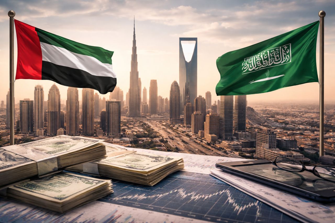 Vista urbana con Dubai e Riyadh sullo sfondo, bandiere di Emirati Arabi Uniti e Arabia Saudita in primo piano e soldi, smartphone e grafici finanziari su un tavolo davanti alla skyline