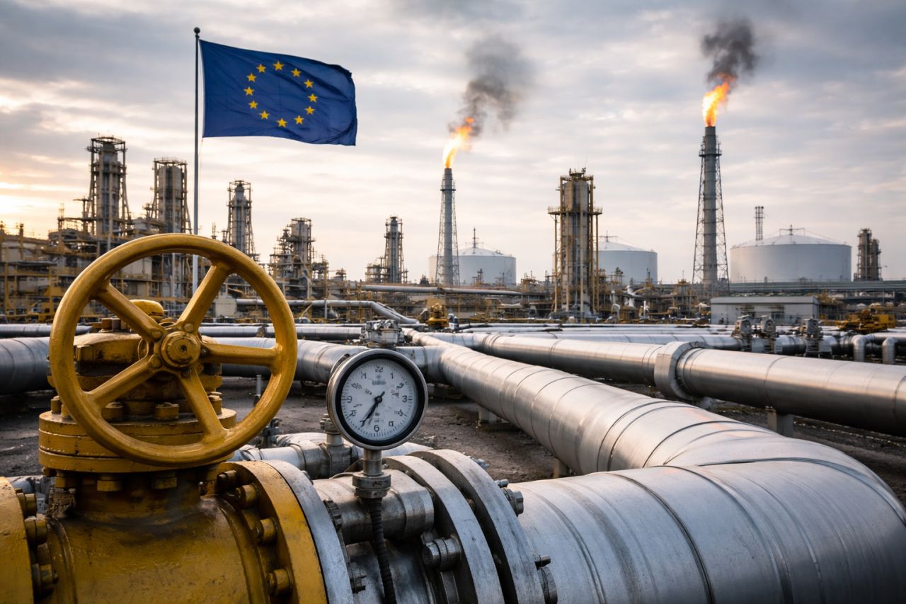 Impianto industriale del gas in Europa con tubature, torce attive e cielo nuvoloso