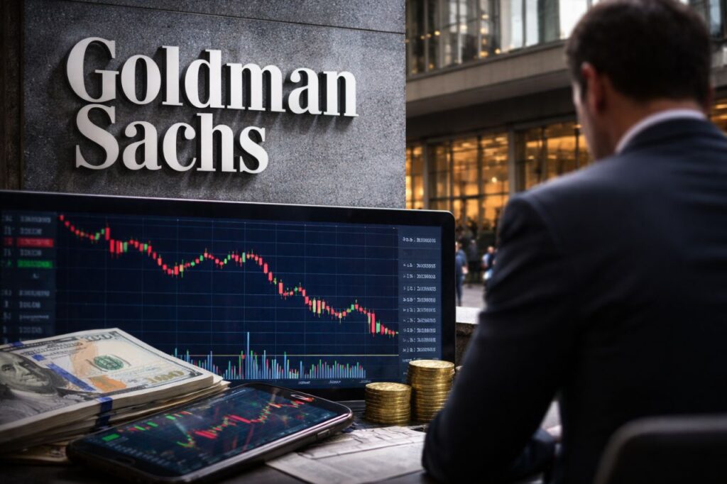 Un trader di spalle che osserva un grafico finanziario su uno schermo di fronte alla sede di Goldman Sachs