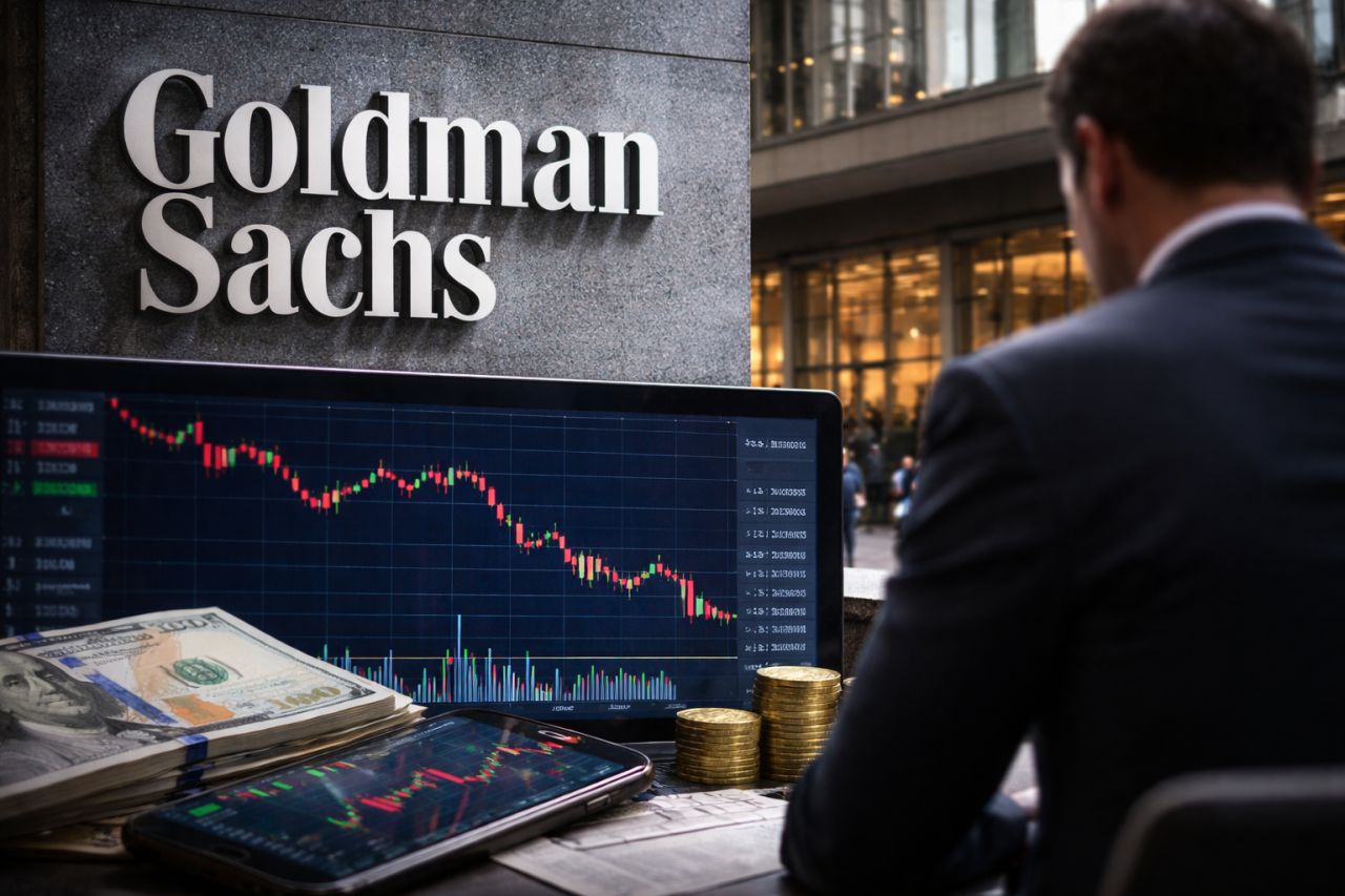 Un trader di spalle che osserva un grafico finanziario su uno schermo di fronte alla sede di Goldman Sachs