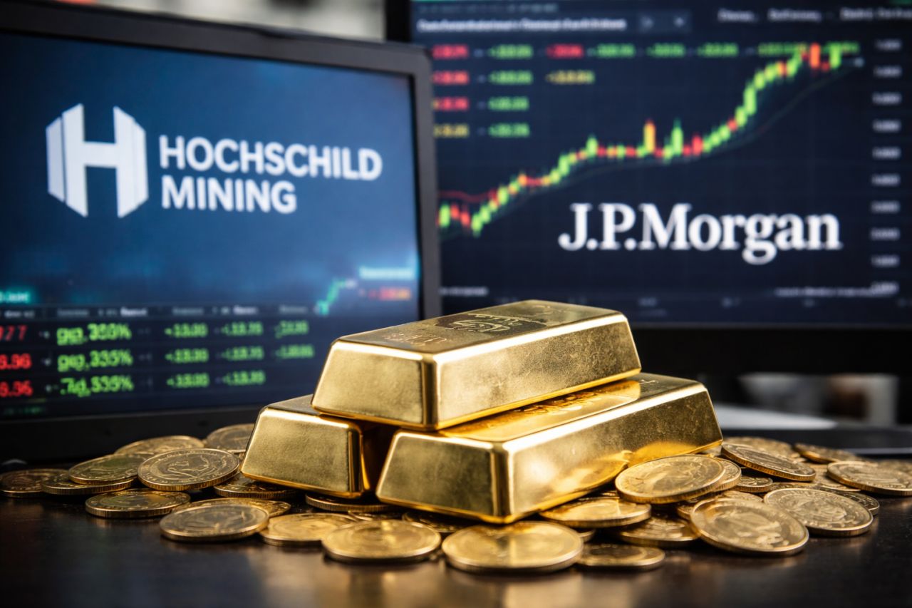 Lingotti e monete d’oro in primo piano su un tavolo, con schermate di mercato finanziario e grafici di borsa sullo sfondo