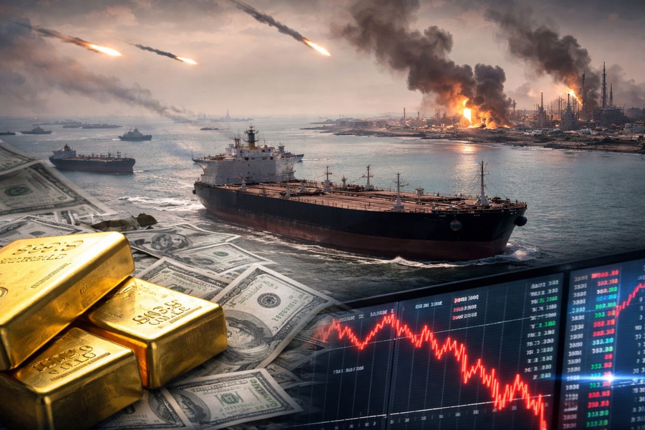 una petroliera attraversa uno stretto marittimo mentre, sullo sfondo, un impianto energetico è colpito da esplosioni e fumo denso; in primo piano lingotti d’oro e dollari, con un monitor finanziario che mostra un forte calo dei mercati