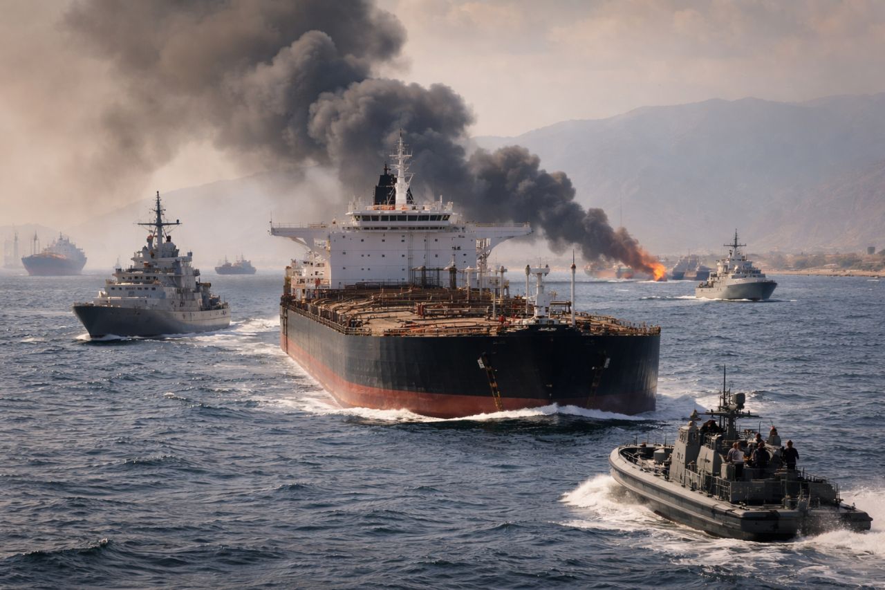 Grande petroliera in mare con fumo scuro che sale nel cielo