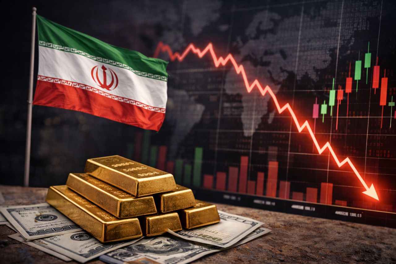 Bandiera dell’Iran a sinistra, lingotti d’oro in primo piano su dollari e, sullo sfondo, un grafico finanziario in calo.