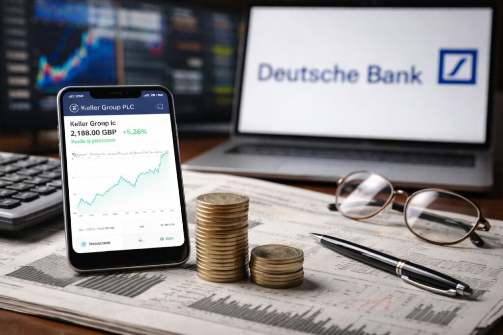 Smartphone con grafico azionario su una scrivania con monete, giornale finanziario e laptop sullo sfondo