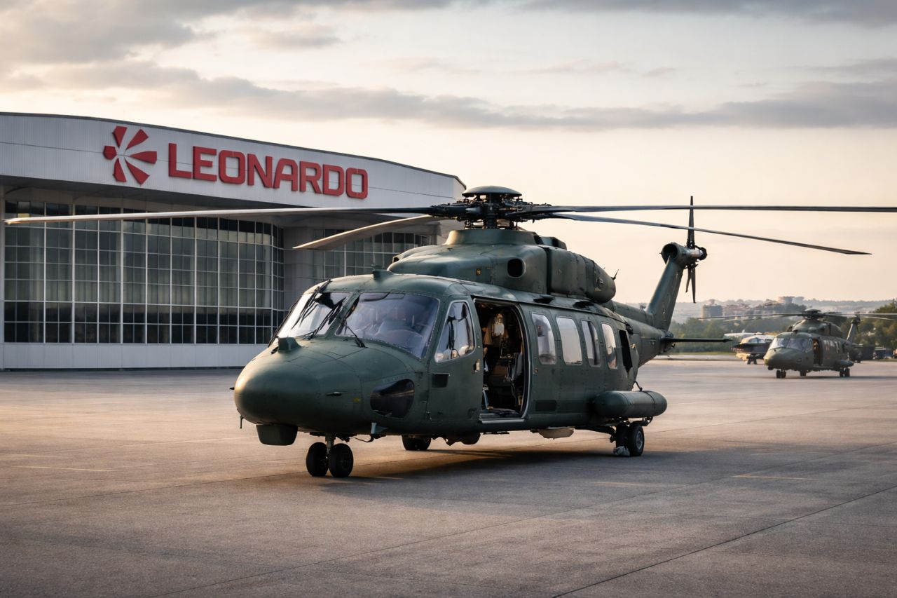 Elicottero militare AW149 di Leonardo parcheggiato sulla pista davanti a uno stabilimento del gruppo