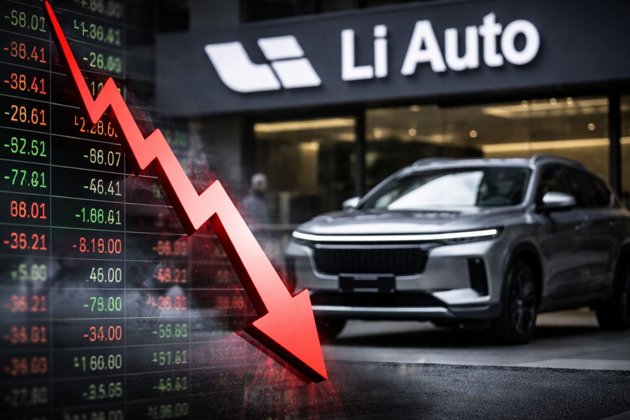 SUV Li Auto parcheggiato davanti a uno showroom del marchio, con tabellone di Borsa e freccia rossa in forte calo