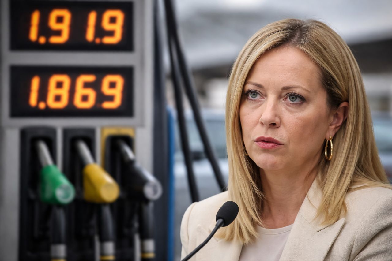 Giorgia Meloni in primo piano mentre parla al microfono, con una pompa di benzina e i prezzi del carburante sfocati sullo sfondo
