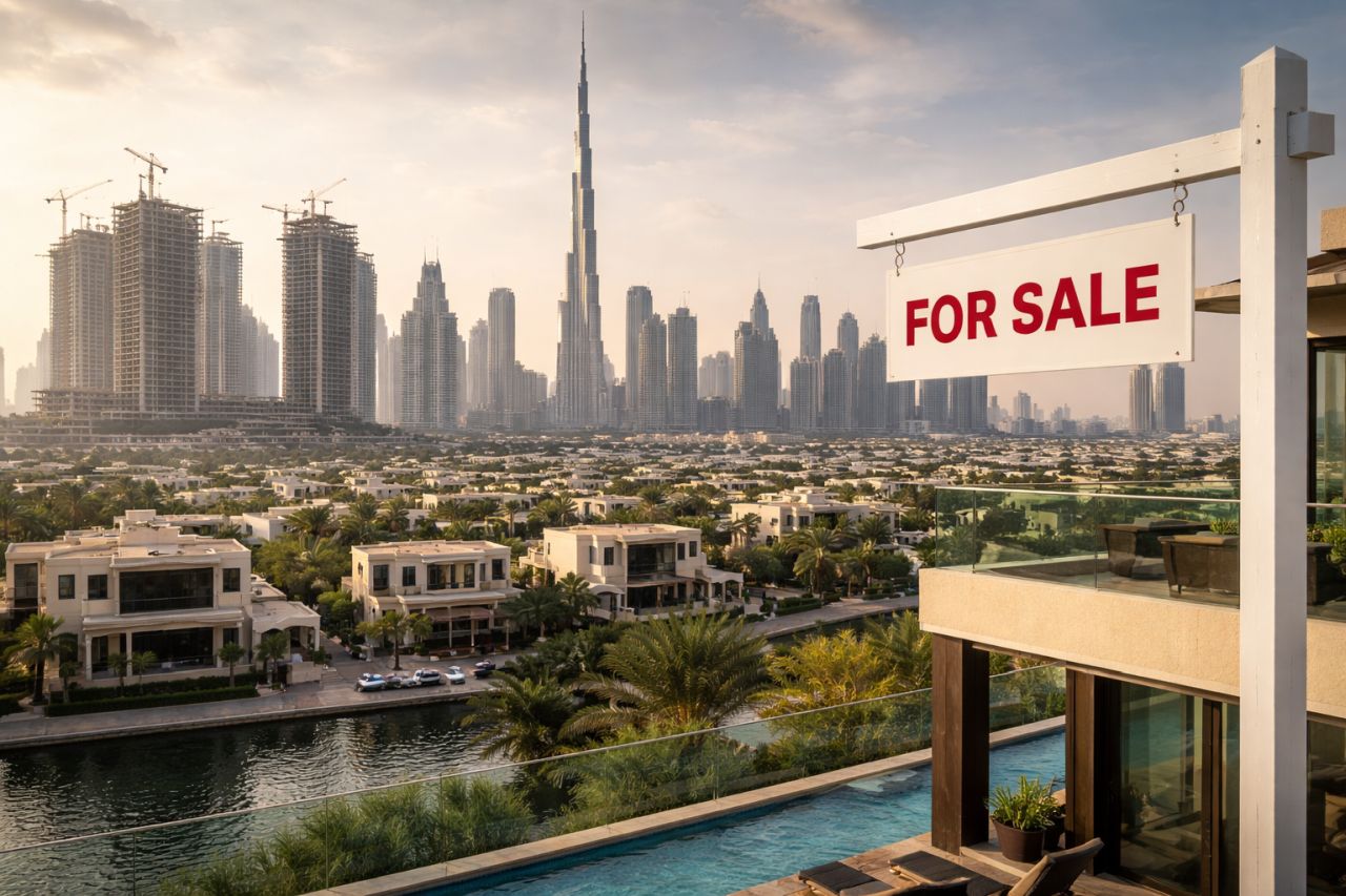 Foto realistica dello skyline di Dubai con grattacieli e complessi residenziali moderni