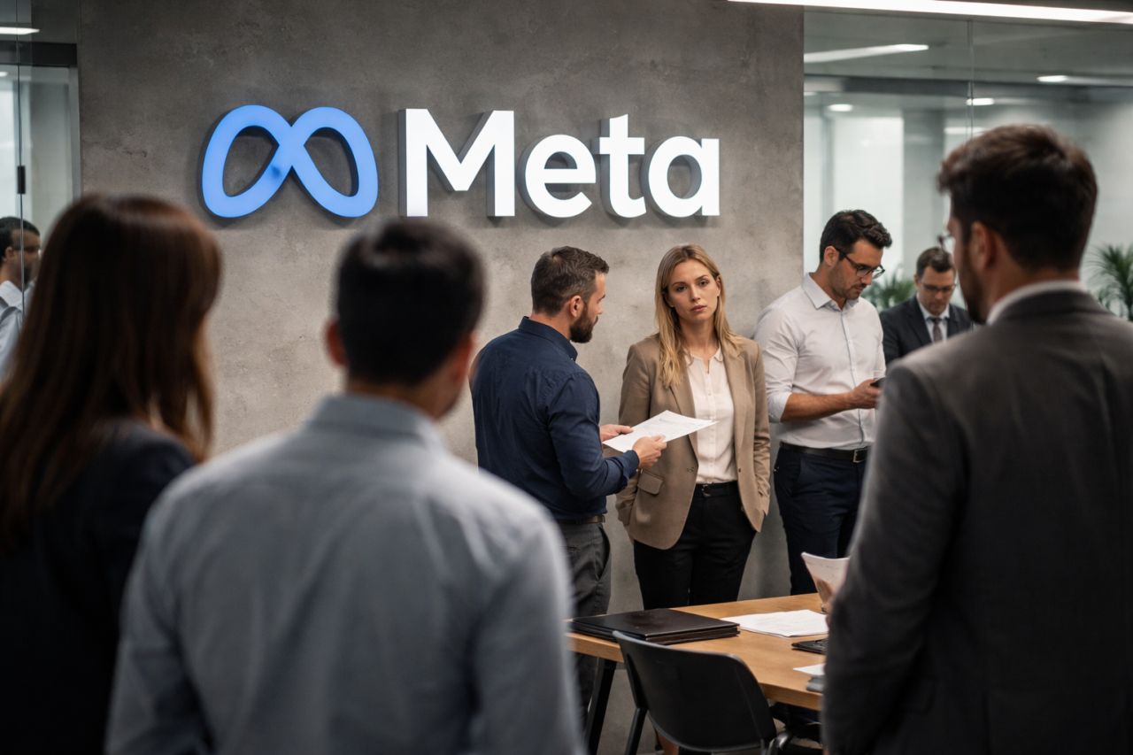 Dipendenti riuniti in un ufficio moderno davanti al logo Meta, con espressioni serie e documenti in mano