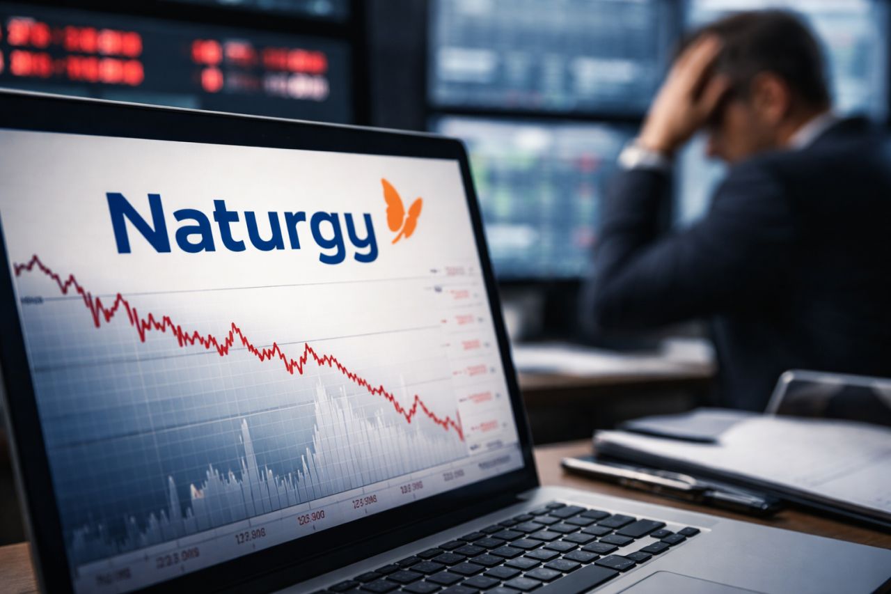 laptop con il logo Naturgy e un grafico in forte calo sullo schermo; sullo sfondo, un uomo in giacca si tiene la testa tra le mani in un ambiente da sala trading